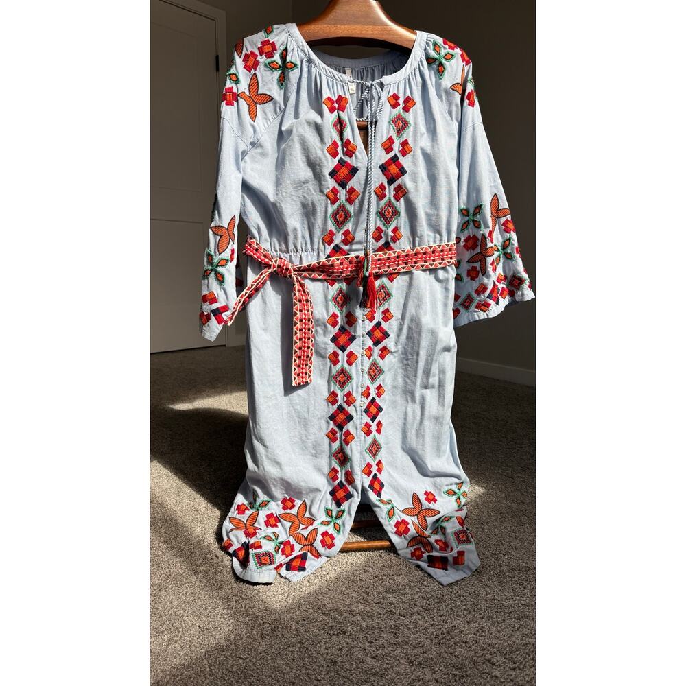 Zara TRF Embroidered Folk Dress Boho Peasant Cottagecore Midi Belted L - Picture 5 of 15
